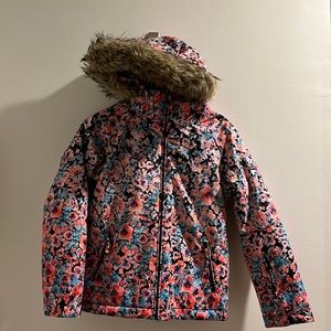 Girls Floral Ski Jacket with Faux Fur Trimmed Hood